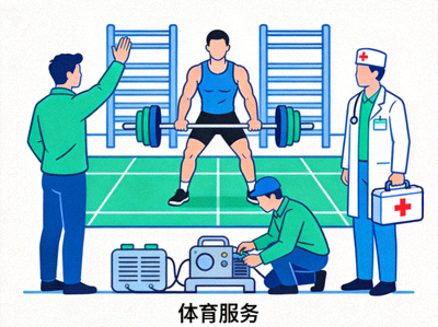 体育服务图标 - 运动员在专业场馆接受训练与后勤支持